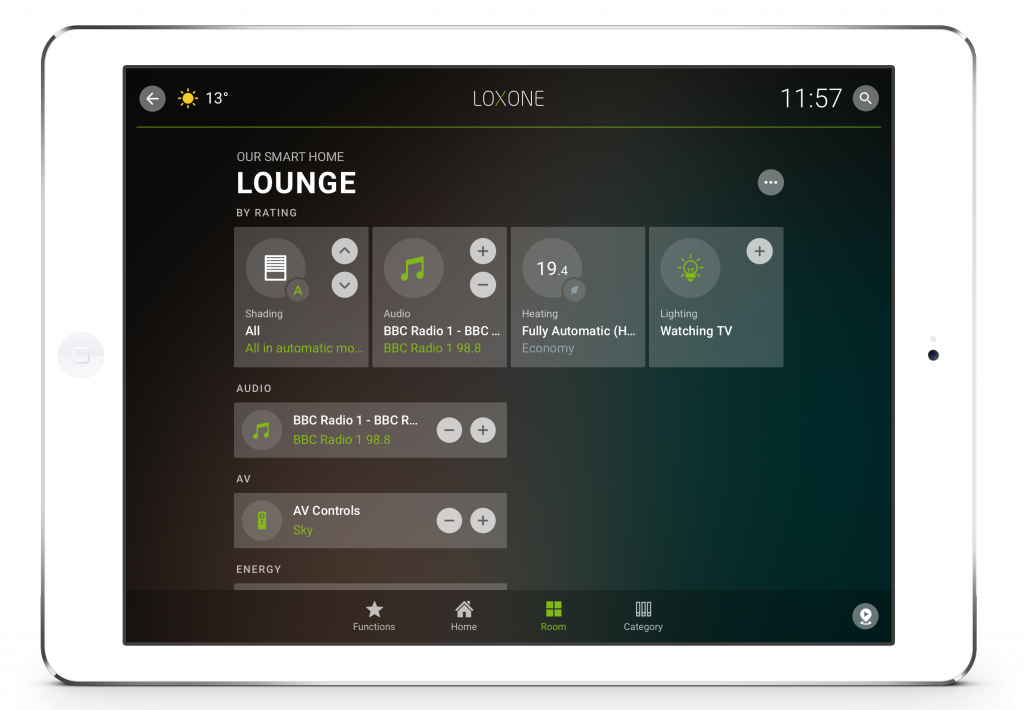 Loxone Smart Home App - Tablet - Room Tab - Lounge